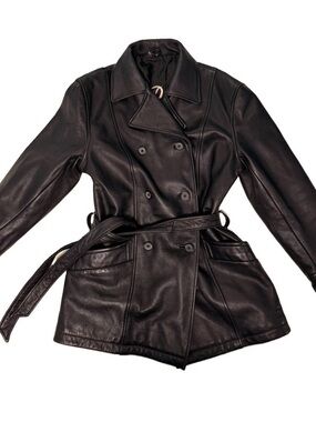 Vintage Walter Davoucci Black Leather Belted Trench Coat Jacket Double Breasted